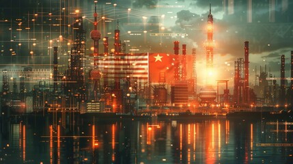 Fusion of Chinese and American flags over industrial harbor with economic graphs