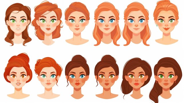 Set of modern cartoon images of woman faces with different hairstyles, blue, brown and green eyes, noses, brows, browlines and lips. These are all isolated on white backgrounds.