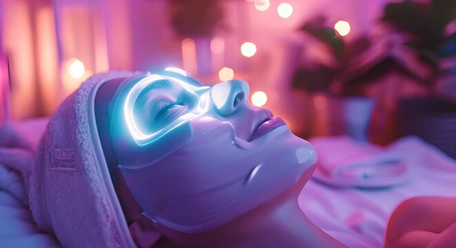 LED light therapy facial mask, spa ambiance softly blurred behind