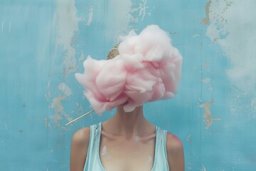 Creative Portrait of Woman with Pink Cotton Candy Clouds