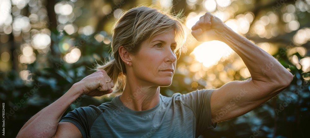 Poster focused senior flexing biceps with blurred background and text space, object on right side.