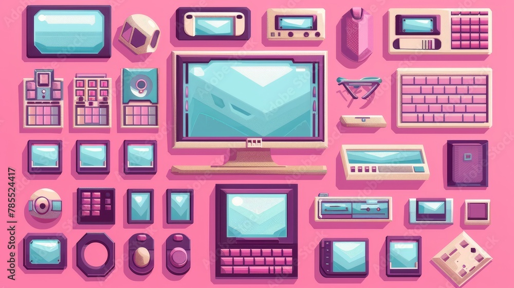 Poster modern cartoon set of retro computer interface elements, including windows, buttons, and message fra
