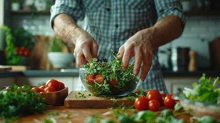 A man cooking salad with microgreens and vegetables, healthy food preparing, AI generated image