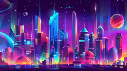 In this futuristic metaverse city background, you see modern architecture with colorful illumination. The city looks like a night megalopolis with skyscrapers, neon signs, and alien planets floating