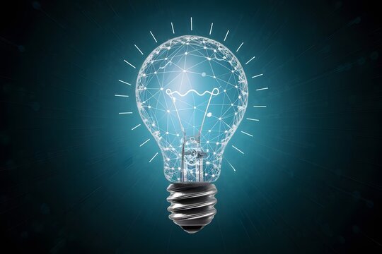 Creative light bulb abstract on glowing blue background, symbolizing innovation and creativity