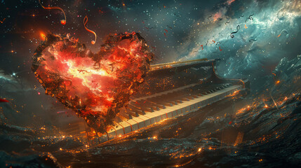 Romantic heart composed of piano keys amid swirling music notes in space - obrazy, fototapety, plakaty
