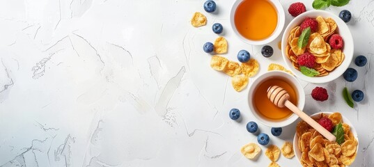 Tasty american breakfast  cornflakes, berries, and honey on bright white background with copy space