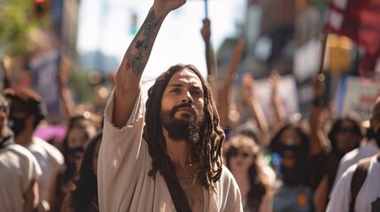 Jesus takes part in a peaceful protest march, advocating for social justice and equality, marching...