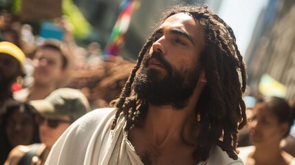 Obraz premium Jesus takes part in a peaceful protest march, advocating for social justice and equality, marching alongside activists and raising awareness for important causes 01