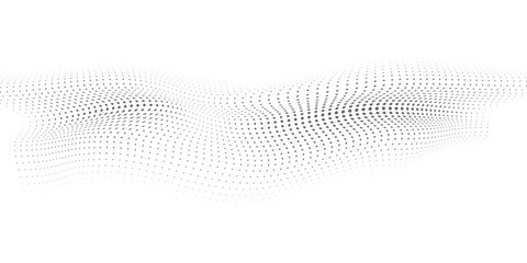Flowing dots particles wave pattern 3D curve halftone black gradient curve shape isolated on white background. Vector in concept of technology, science, music, modern