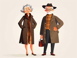 Illustration of stylish elderly couple lady and gentleman isolated on white