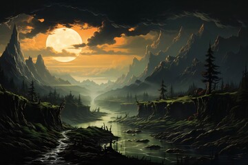 Fantasy landscape with river and mountains at sunset, 3d illustration