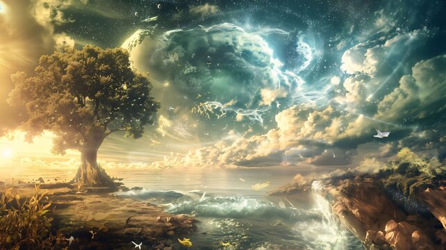 Fantasy landscape with a tree in the sea. 3d rendering