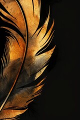 One golden feather highlighted on a black background. Illustration