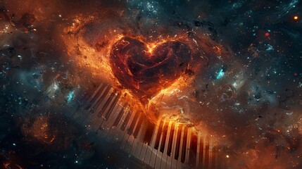 Heart entwined with piano keys against a cosmic music sheet