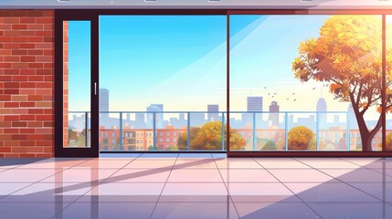Interior of a vacant home balcony with city and park views at dawn. Modern illustration of modern hotel or apartment terrace with brick wall and glass door, urban buildings, and tree.
