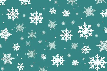 White snowflakes on a mint green background, a flat vector illustration in the simple minimalist style of a cute cartoon design with simple shapes