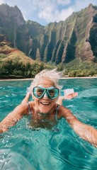 Naklejka premium Senior snorkeler with mask exploring sea at remote paradise island, tranquil underwater adventure