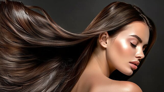 Stylish brunette woman with beautiful healthy hair on dark background   hair care and beauty concept