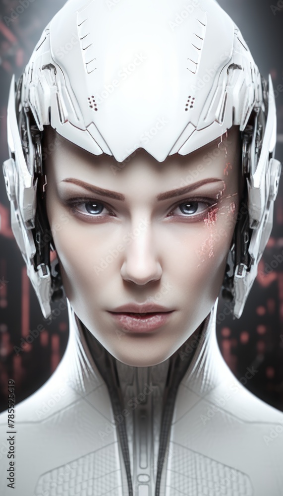 Poster futuristic white ai humanoid robot portrait with copy space, technology concept for text placement