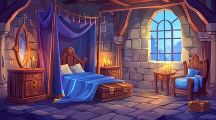 This is an illustration of a bedroom in a royal castle with wooden furniture and a window. A luxury medieval room interior with a canopy bed, side tables with mirrors, armchairs, chests, and candles, - obrazy, fototapety, plakaty