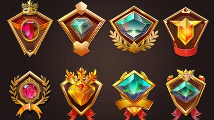 An illustration of a golden hexagon frame holding a game avatar. Fantasy badges with gold borders, laurel and ribbon decoration, gems, a crown, and a red pennant on a red background.