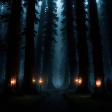 a highly detailed magical and enchanted fairy tale forest environment surrounded with a mysterious fog with cool and warm lights created with using Generative AI Technology