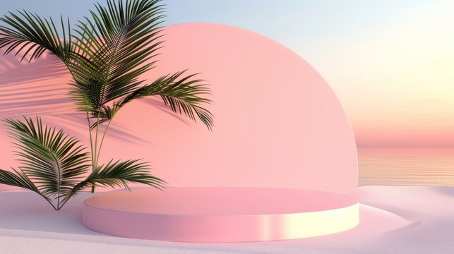 Sleek minimalist abstract backdrop with podium, exotic palm frond, and modern design style