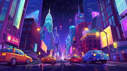 City street road with cars driving at night. Traffic on highway with neon lights, skyscrapers, stars in sky. Cityscape with vehicles on road, modern cartoon illustration.