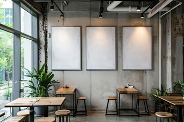 Mockup of blank frame in loft coffee shop interior, industrial style interior of cafe - grunge...