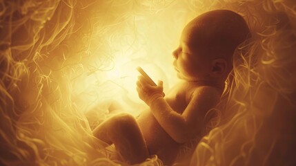 Inside the womb, a fetus holds a cellphone, illuminated by a gentle, ambient light, as the mother's soothing hum fills the space, creating a serene environment 02