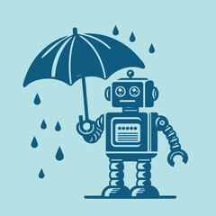 Cute retro robot under an umbrella. Rain. Logo, icon. Blue