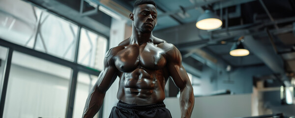 Fototapeta na wymiar Muscular man posing in a gym, showcasing his physique under dramatic lighting.