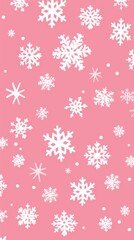White snowflakes on a pink background, a flat vector illustration in the simple minimalist style of a cute cartoon design with simple shapes