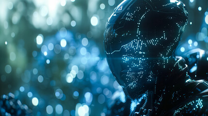 Futuristic AI robot head, illuminated with intricate circuit patterns, against a backdrop of radiant blue lights, showcasing advanced technology and artificial intelligence. 