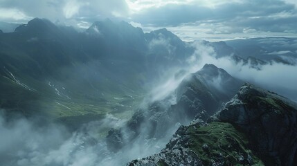 Obraz premium Hushed view of a mountain vista, with fog-covered peaks and sprawling valleys devoid of any human interference 03
