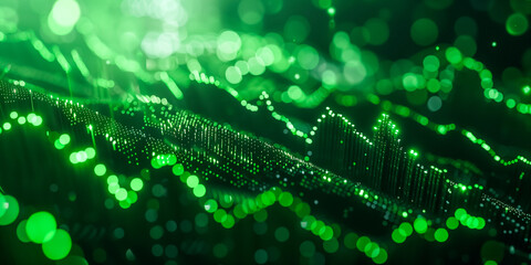 Green digital waves with bright particles, representing data flow or network in a cyberspace, ideal for technology-themed backgrounds or wallpapers. 