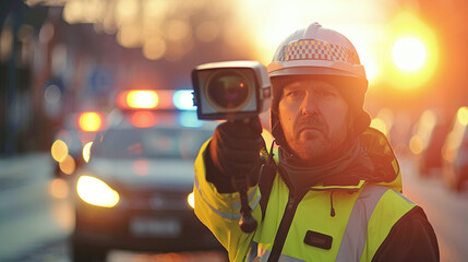 traffic police with radar speed camera's, speed enforcement, road traffic safety concept