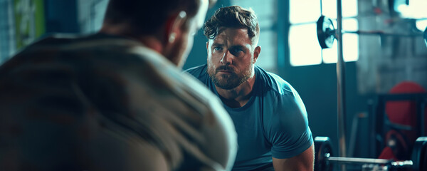 Focused man lifting weights at a gym, mirror reflection visible.