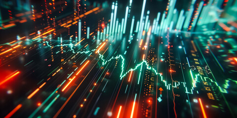 Dynamic stock market data visualization, glowing graphs and charts showcasing financial trends in a 3D perspective, ideal for business and finance content.
