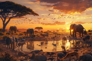 Animals gathering around a shrinking watering hole in a drought-stricken savannah, elephants, lions, and antelopes visible - obrazy, fototapety, plakaty