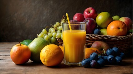  Artistic ImageColorful fresh juices or smoothies adorn a wooden desk, surrounded by a variety of fruits. The setting is indoors, with soft ambient lighting illuminating the scene. The art style is a 