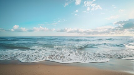 Fototapeta premium Fuzzy view of an empty beach, showcasing calm seas and a serene coastal environment 01