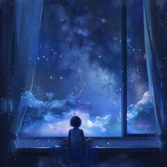   A little girl sits on a window sill, gazing at the stars in the night sky
