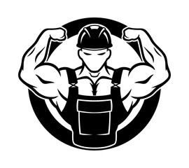 Round icon with a muscular worker in a hard hat on a white background.