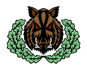 Angry boar and oak leaves icon on a white background.