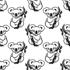Seamless pattern with koala sitting on a branch on a white background.