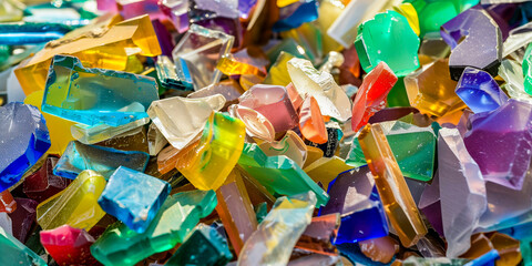 Colorful broken glass pieces, a vibrant mix of red, blue, green, yellow and more; ideal for art projects or unique decorative elements. 