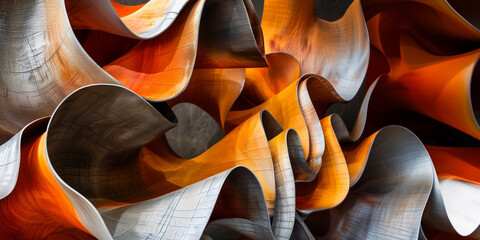 Abstract waves of orange and grey paper, intertwined, creating a dynamic and fluid visual experience, highlighted by contrasting textures and colors. 