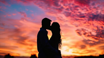 Couple shares a kiss under vibrant sunset colors, creating a romantic ambiance